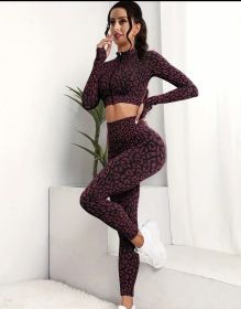 European and American new seamless leopard print fitness sports long-sleeved high-waisted honey belly tight trousers yoga suit women (Color: Wine red, size: L)