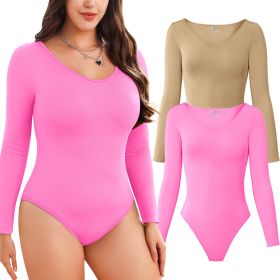 2-piece set Bikini shapewear long sleeved V-neck (Color: LightCoffee+Pink, size: M)
