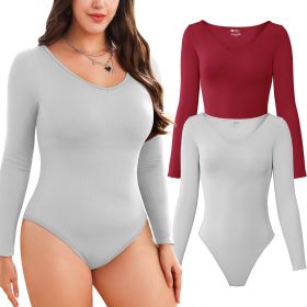 2-piece set Bikini shapewear long sleeved V-neck (Color: LightGrey+WineRed, size: M)