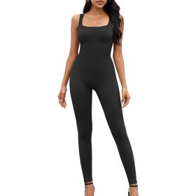 Square neckline suspender long pants jumpsuit 1 set (Color: Black, size: L)