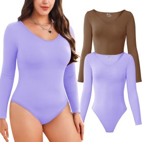 2-piece set Bikini shapewear long sleeved V-neck (Color: Coffee+LightPurple, size: S)