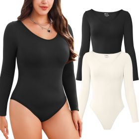 2-piece set Bikini shapewear long sleeved V-neck (Color: Black+Beige, size: S)