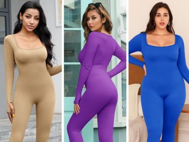 Square necked long sleeved pants jumpsuit 1 set (Color: KhakiBeige, size: L)