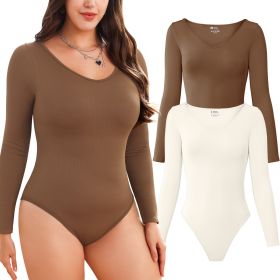2-piece set Bikini shapewear long sleeved V-neck (Color: Coffee+Beige, size: M)