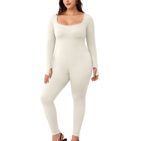 Square necked long sleeved pants jumpsuit 1 set (Color: Beige, size: L)