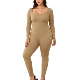 Square necked long sleeved pants jumpsuit 1 set (Color: LightCoffee, size: S)