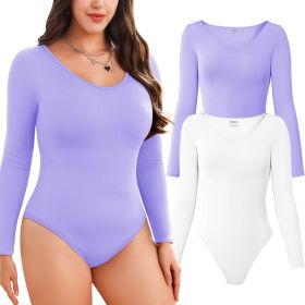 2-piece set Bikini shapewear long sleeved V-neck (Color: White+LightPurple, size: S)