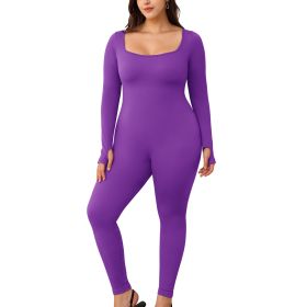 Square necked long sleeved pants jumpsuit 1 set (Color: DeepPurple, size: L)
