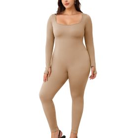 Square necked long sleeved pants jumpsuit 1 set (Color: KhakiBeige, size: S)