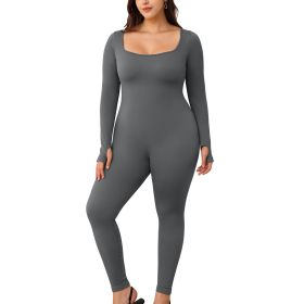 Square necked long sleeved pants jumpsuit 1 set (Color: DarkGray, size: M)